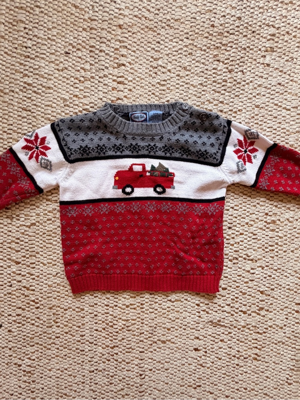 100% Cotton Red and Gray Holiday Truck Knit Sweater - toddler 24 months
